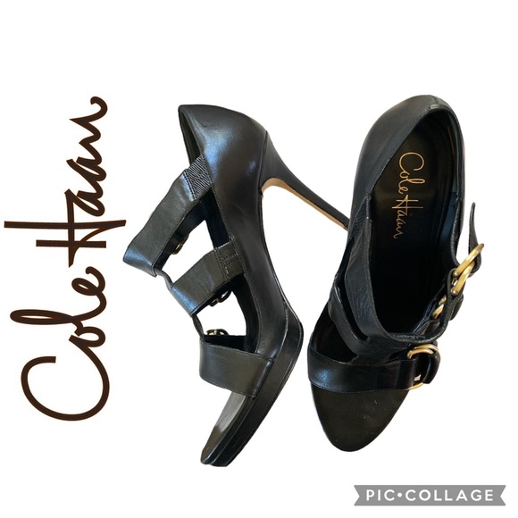 Cole Haan Open Toe Leather Buckle Heels - Picture 4 of 10